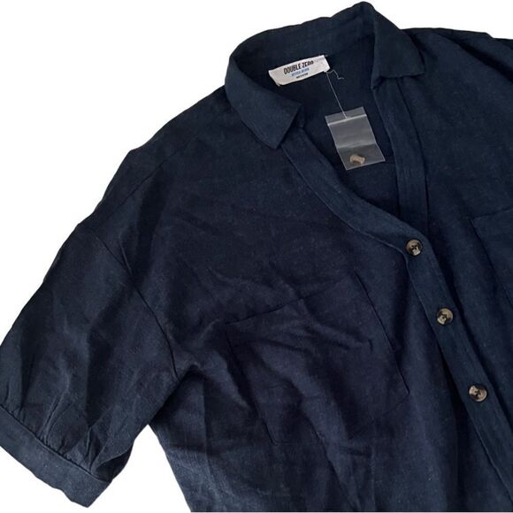 Double Zero Tops - Double Zero Navy Blue Linen Button Up Top Size Medium NWT